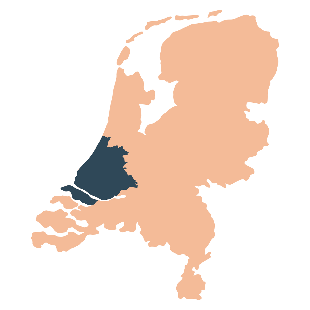Kaart van Nederland met Zuid-Holland gemarkeerd als werkgebied van Maarten Regter