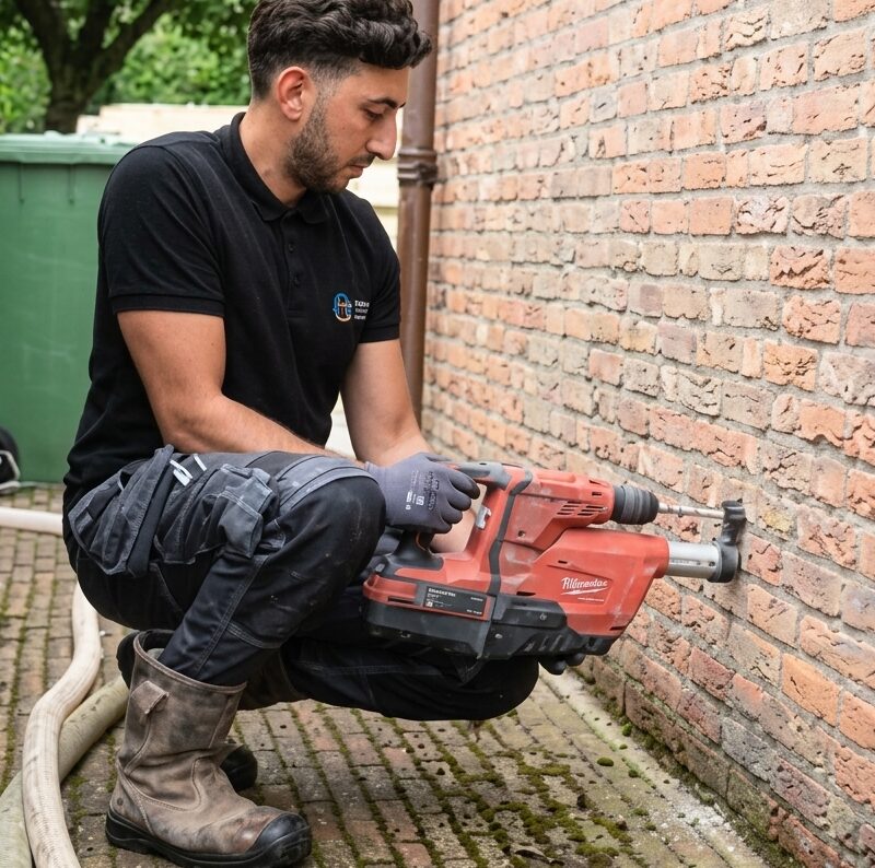 Monteur boort een gaatje op een kruispunt in het voegwerk