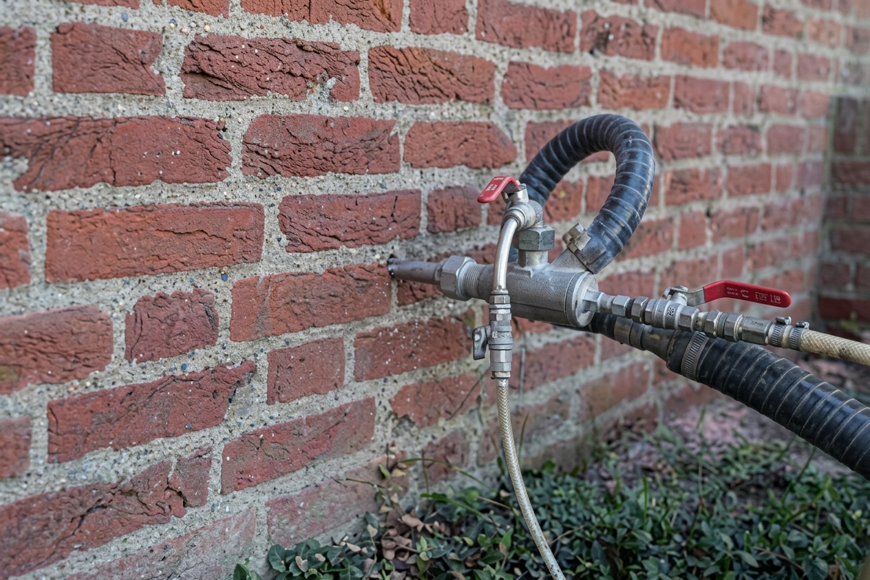 Bioparels worden via de inblaaslans in de spouw geblazen